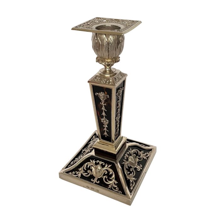 Find a high quality antique silver and tortoiseshell candlestick for sale.