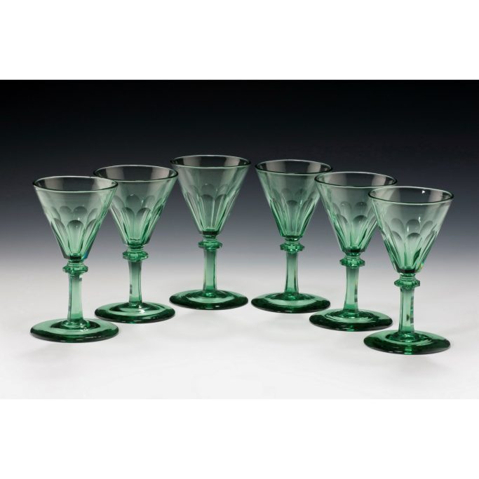 Search for six William IV period cut glass sage green wine glasses for sale