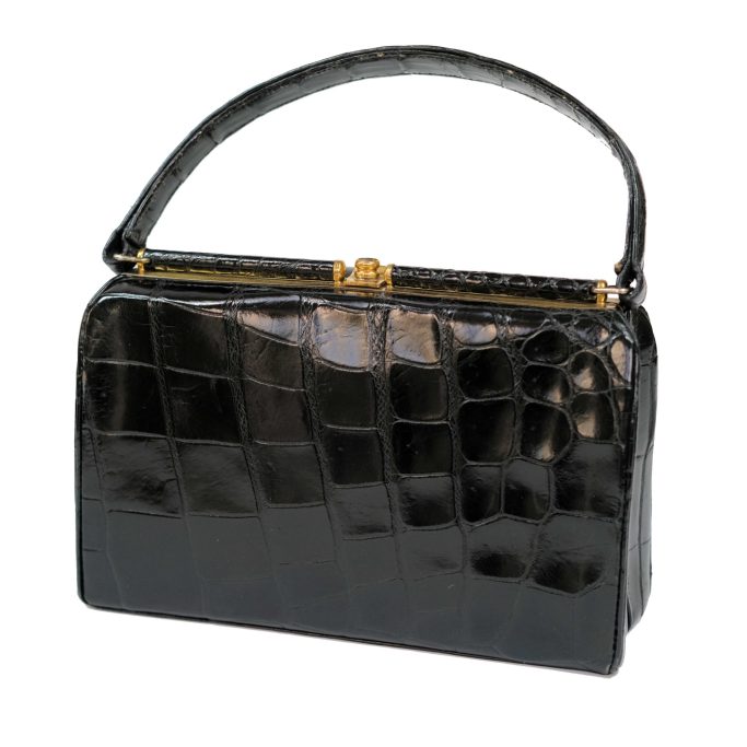 Search for a vintage ladies black crocodile handbag for sale