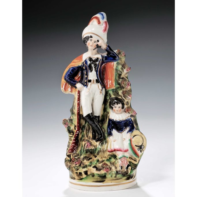 Find an antique Staffordshire figure of a huntsman and child for sale. 