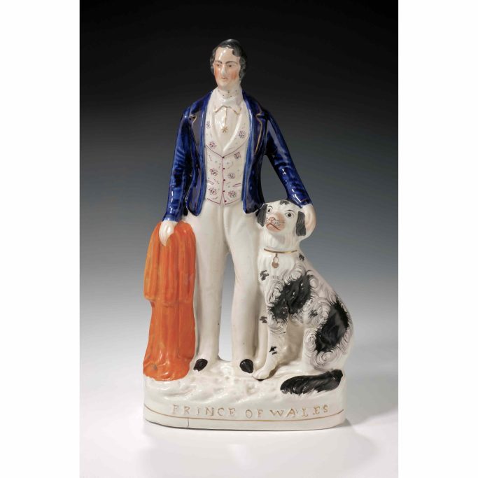 Find antique Staffordshire figure of the Prince of Wales and dog for sale.