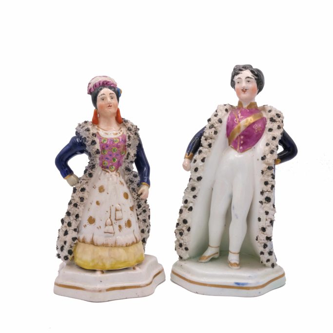Find the pair of Staffordshire figures of Prince Charming & Cinderella for sale.