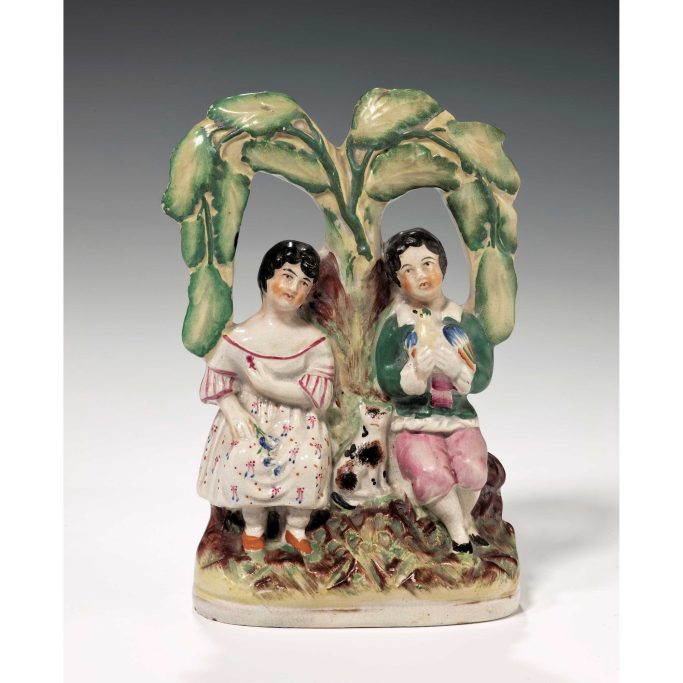 Find antique Staffordshire group of children with cat and bird for sale.