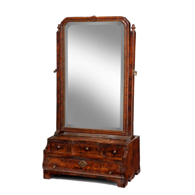 Search for a Queen Anne walnut box base dressing mirror for sale.