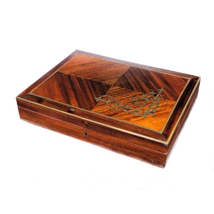 Find a rosewood box with brass inlay for sale.