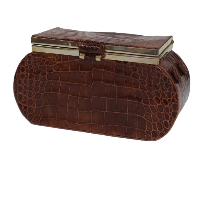 Look for an oval box shaped brown crocodile vintage ladies handbag for sale