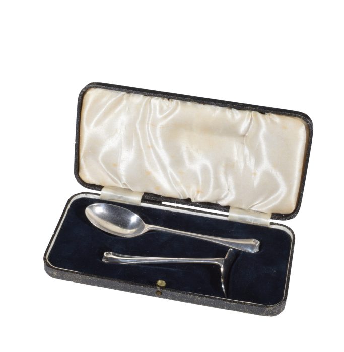 Find an antique boxed silver christening set for sale.