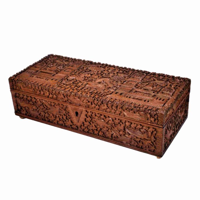 Look for an antique carved sandalwood Anglo Indian wooden box for sale.