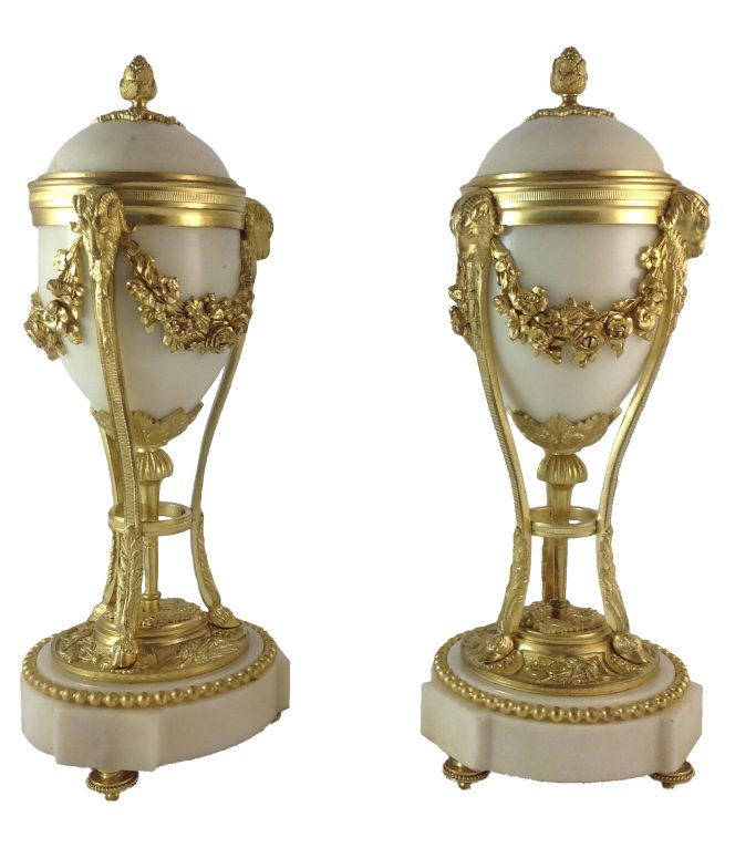 Look for a pair of antique Napoleon III marble and gilt metal cassolettes for sale.