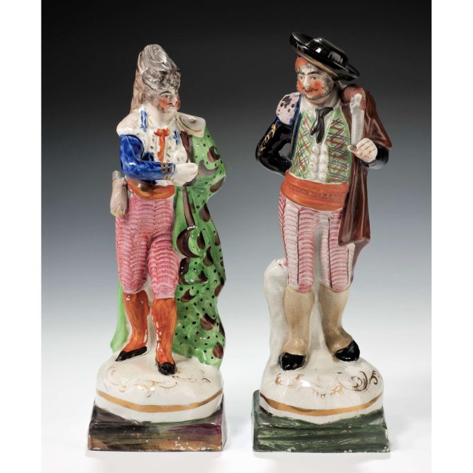 Find rare pair of antique Staffordshire figures of Spanish bullfighters for sale.