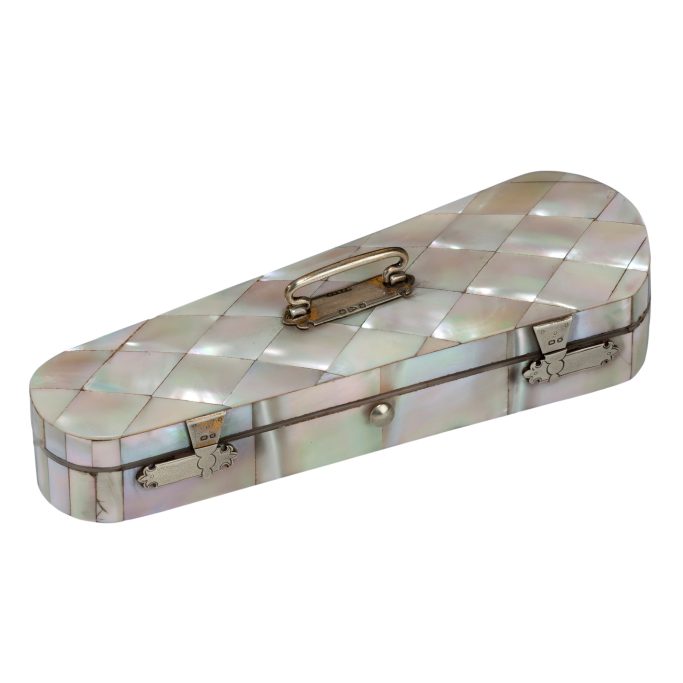 Find an Antique mother of pearl & silver violin shaped box for sale
